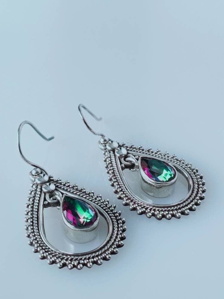 Leaf shaped mystic topaz dangle & drop earrings in sterling silver, rope edge, rainbow color,cancer zodiac, November birthstone, Australia, Zorbajewellers