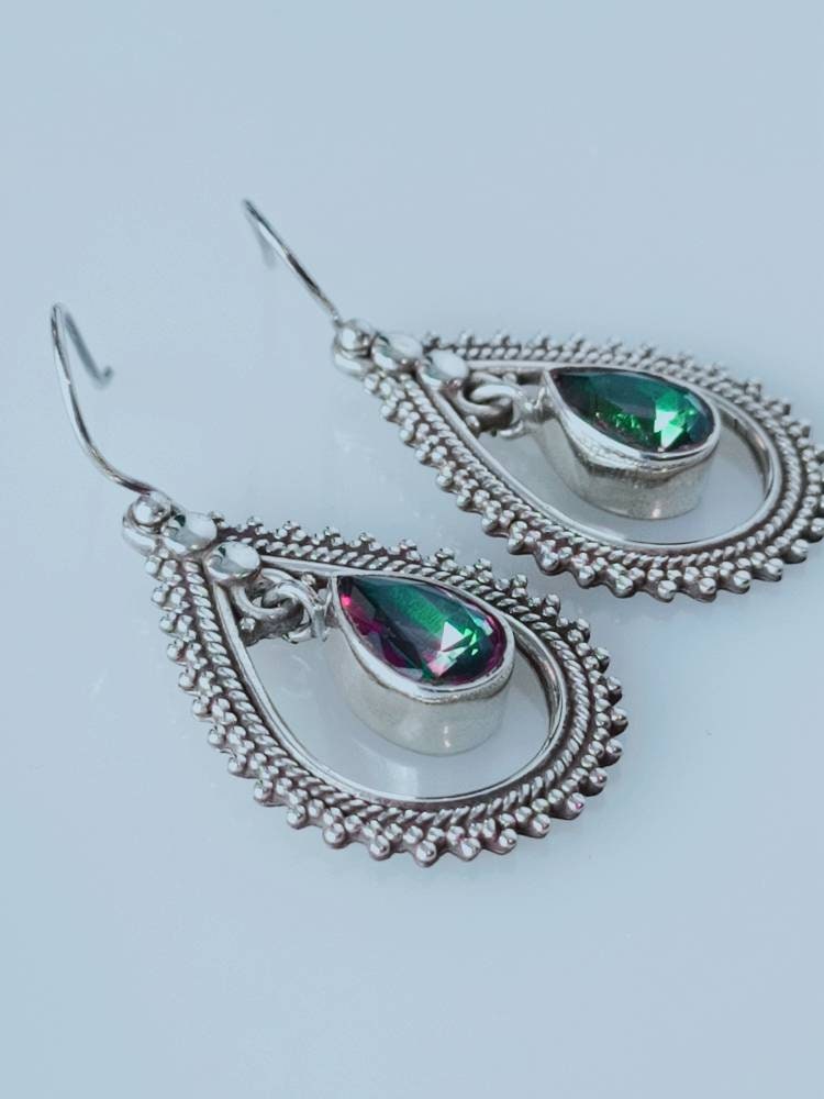 Leaf shaped mystic topaz dangle & drop earrings in sterling silver, rope edge, rainbow color,cancer zodiac, November birthstone, Australia, Zorbajewellers