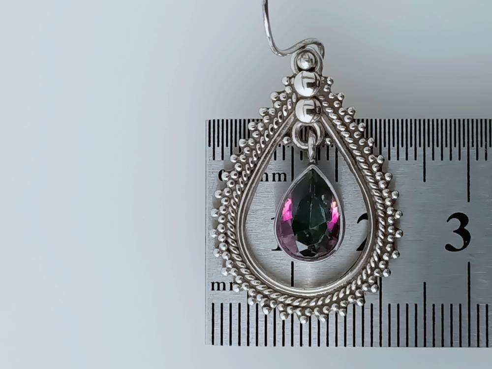 Leaf shaped mystic topaz dangle & drop earrings in sterling silver, rope edge, rainbow color,cancer zodiac, November birthstone, Australia, Zorbajewellers