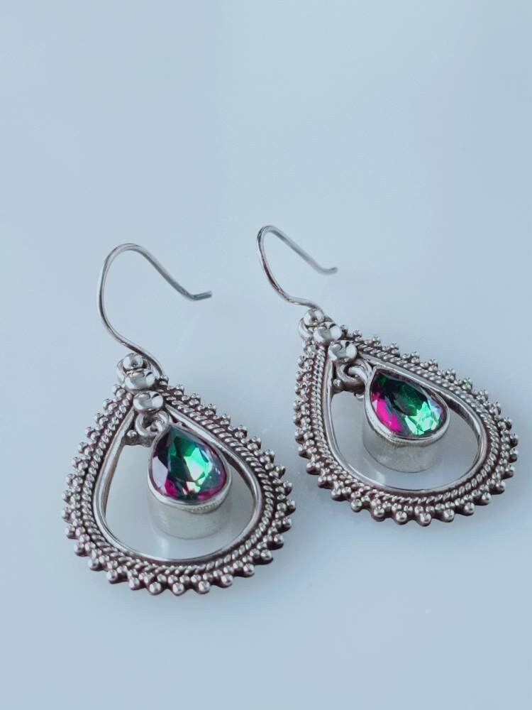 Leaf shaped mystic topaz dangle & drop earrings in sterling silver, rope edge, rainbow color,cancer zodiac, November birthstone, Australia, Zorbajewellers