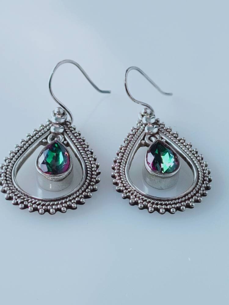 Leaf shaped mystic topaz dangle & drop earrings in sterling silver, rope edge, rainbow color,cancer zodiac, November birthstone, Australia, Zorbajewellers