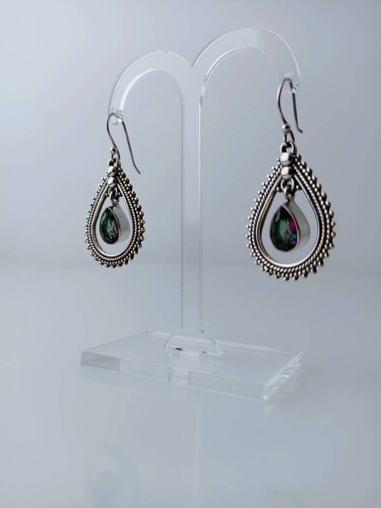 Leaf shaped mystic topaz dangle & drop earrings in sterling silver, rope edge, rainbow color,cancer zodiac, November birthstone, Australia, Zorbajewellers