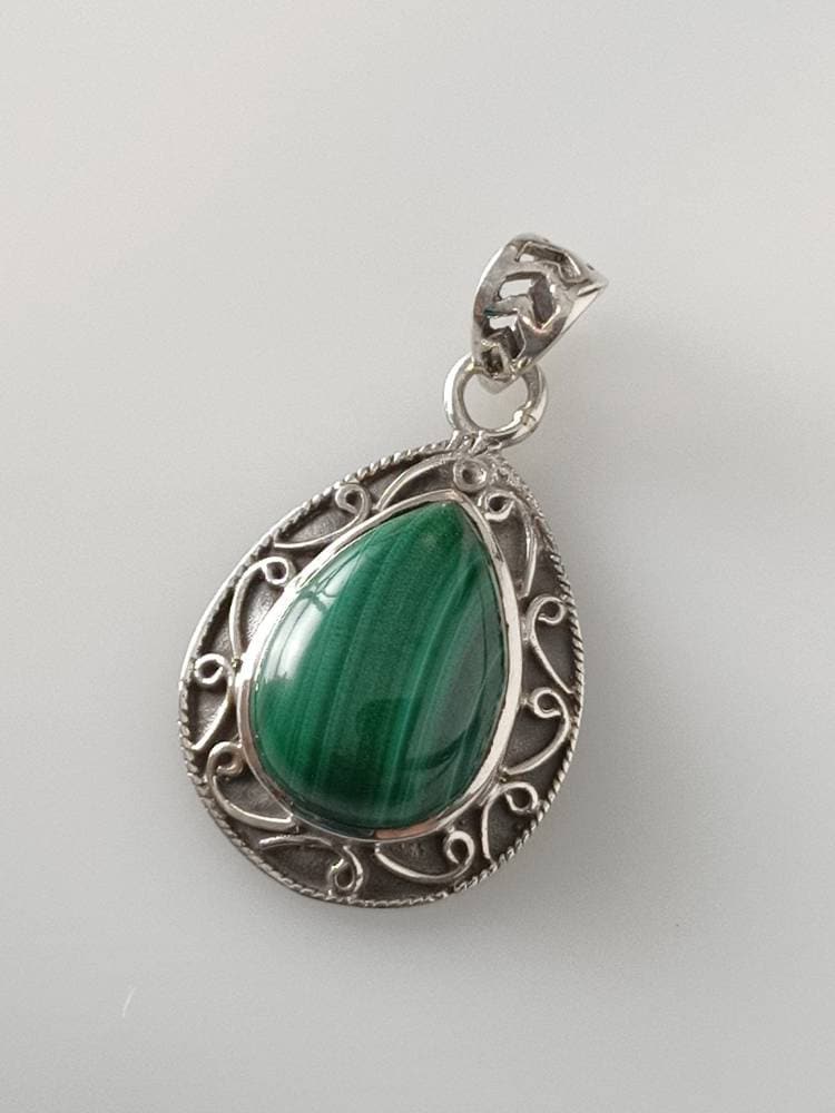 Green malachite pendant, green gemstone silver pendant, oxidized silver pendant, leaf shaped pendant, textured green, boho, Australia, Zorbajewellers