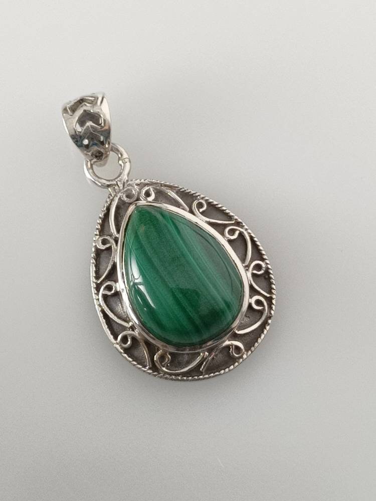 Green malachite pendant, green gemstone silver pendant, oxidized silver pendant, leaf shaped pendant, textured green, boho, Australia, Zorbajewellers