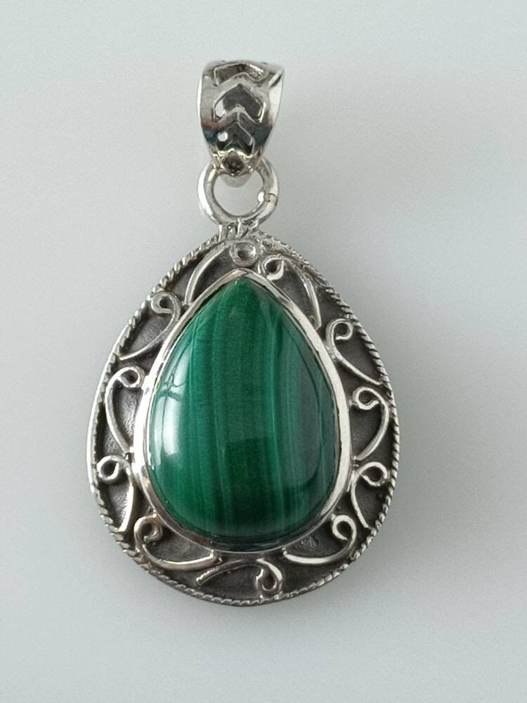 Green malachite pendant, green gemstone silver pendant, oxidized silver pendant, leaf shaped pendant, textured green, boho, Australia, Zorbajewellers