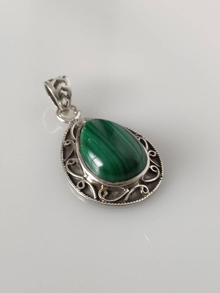 Green malachite pendant, green gemstone silver pendant, oxidized silver pendant, leaf shaped pendant, textured green, boho, Australia, Zorbajewellers