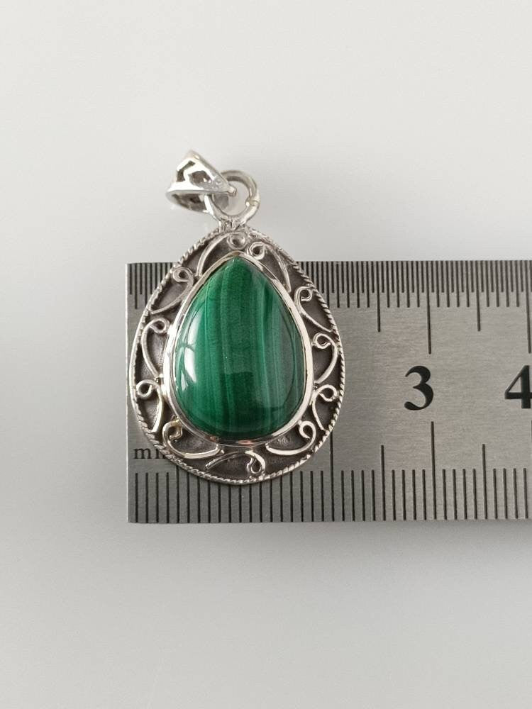 Green malachite pendant, green gemstone silver pendant, oxidized silver pendant, leaf shaped pendant, textured green, boho, Australia, Zorbajewellers
