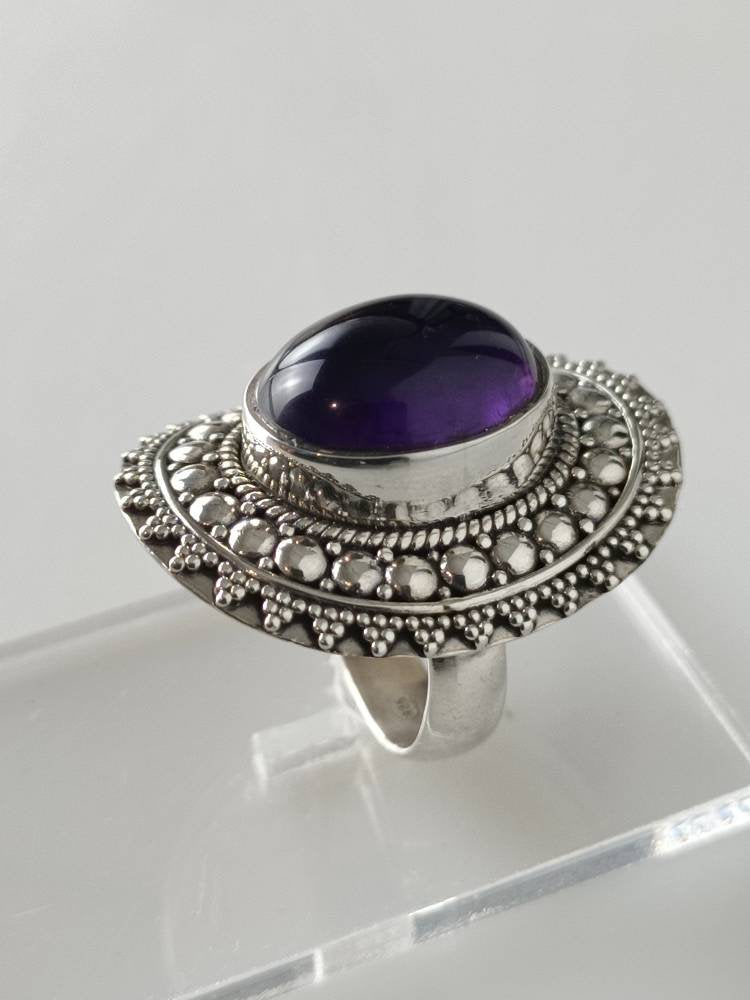 Bohemian amethyst ring, amethyst silver ring, big oval amethyst ring, oxidized amethyst ring, oxidized silver ring, purple ring, Australia, Zorbajewellers