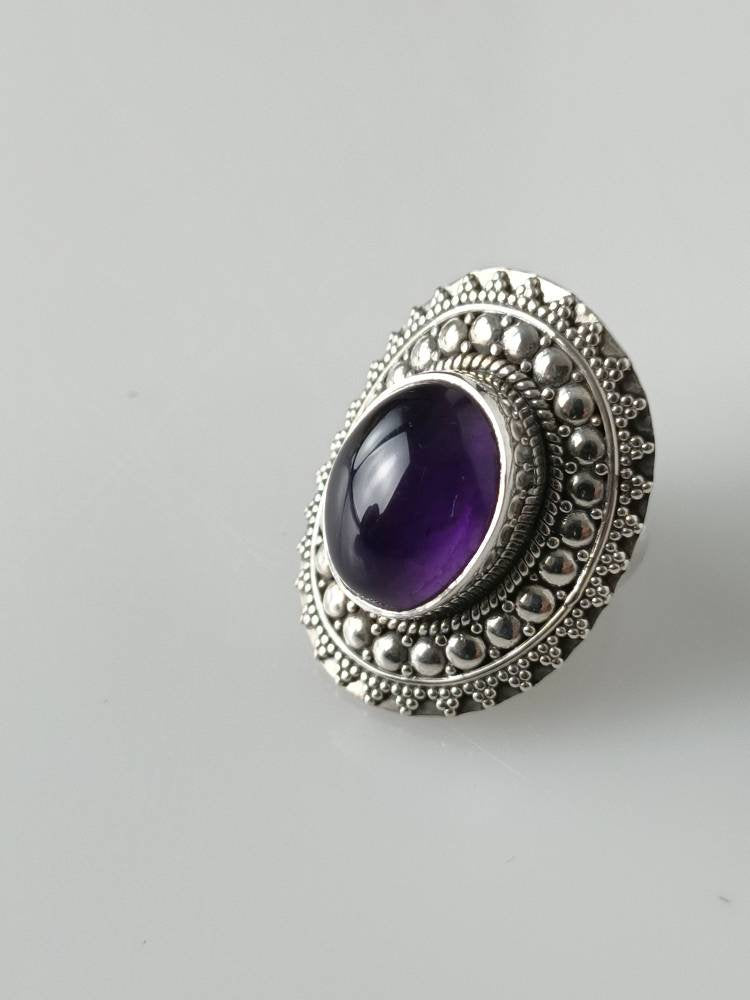 Bohemian amethyst ring, amethyst silver ring, big oval amethyst ring, oxidized amethyst ring, oxidized silver ring, purple ring, Australia, Zorbajewellers