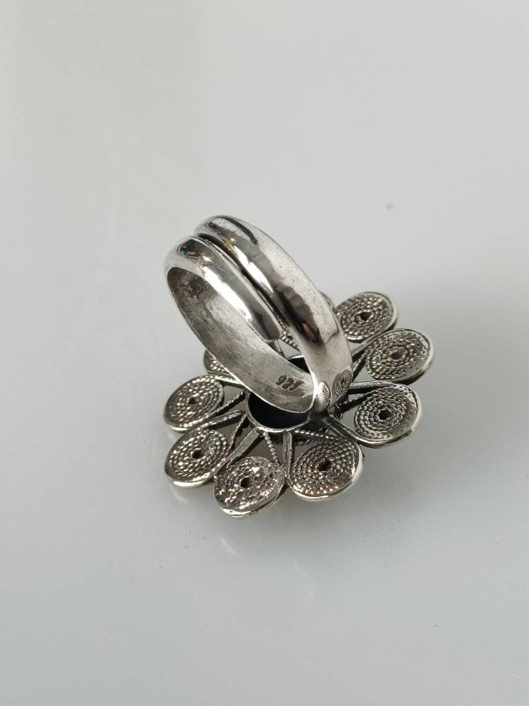 Large flower ring, spring flower ring, silver flower ring, Oxidized flower ring, oxidized silver ring, adjustable silver ring, Australia, Zorbajewellers