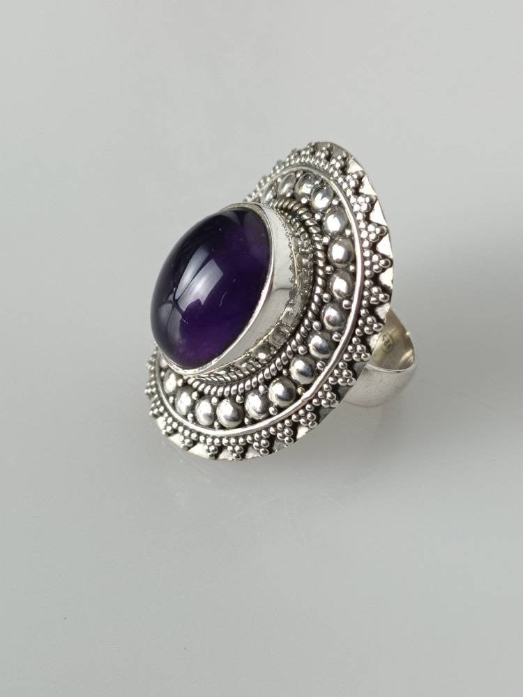 Bohemian amethyst ring, amethyst silver ring, big oval amethyst ring, oxidized amethyst ring, oxidized silver ring, purple ring, Australia, Zorbajewellers