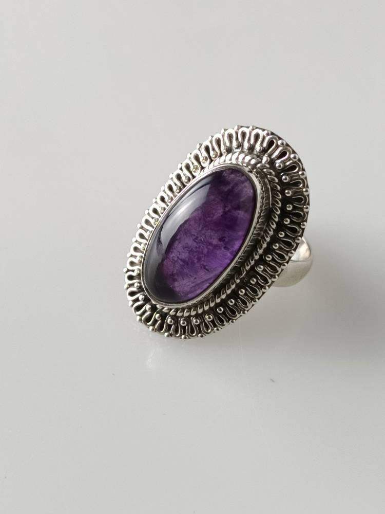 Bohemian amethyst ring, amethyst silver ring, big oval amethyst ring, oxidized amethyst ring, oxidized silver ring, purple ring, Australia, Zorbajewellers