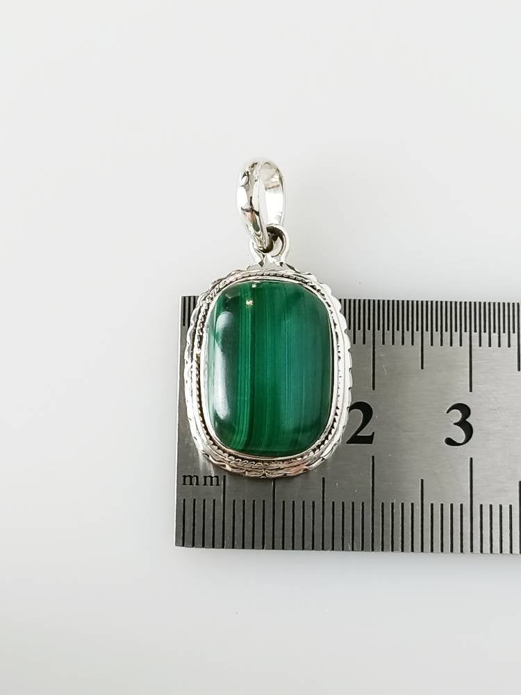 Genuine Green Malachite gemstone solid sterling silver pillow shaped large Bohemian pendant, Taurus Zodiac May Birthstone Gift, Australia, Zorbajewellers