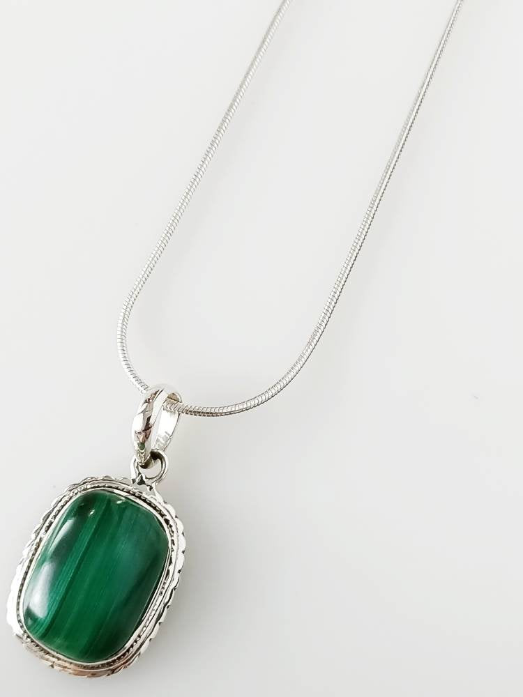 Genuine Green Malachite gemstone solid sterling silver pillow shaped large Bohemian pendant, Taurus Zodiac May Birthstone Gift, Australia, Zorbajewellers