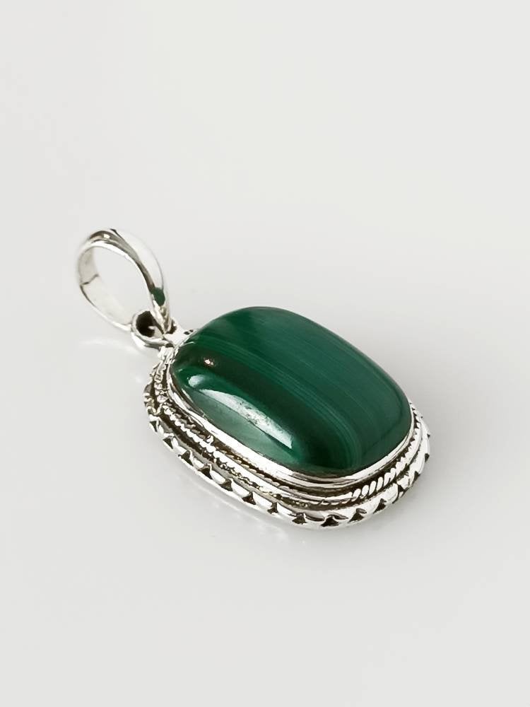 Genuine Green Malachite gemstone solid sterling silver pillow shaped large Bohemian pendant, Taurus Zodiac May Birthstone Gift, Australia, Zorbajewellers