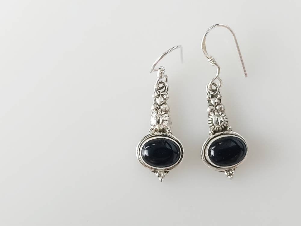 Bohemian textured pillar drop Black ONYX oval gemstones Solid 925 Sterling SILVER earrings, December Birthstone Leo Zodiac Gift, Australia, Zorbajewellers