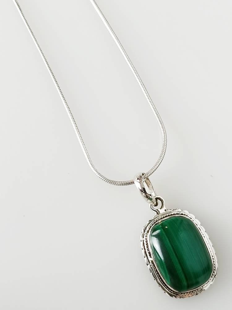 Genuine Green Malachite gemstone solid sterling silver pillow shaped large Bohemian pendant, Taurus Zodiac May Birthstone Gift, Australia, Zorbajewellers