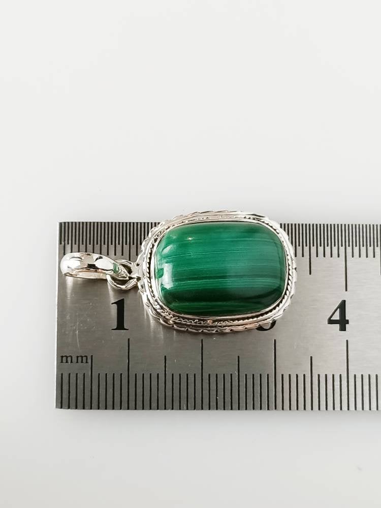 Genuine Green Malachite gemstone solid sterling silver pillow shaped large Bohemian pendant, Taurus Zodiac May Birthstone Gift, Australia, Zorbajewellers
