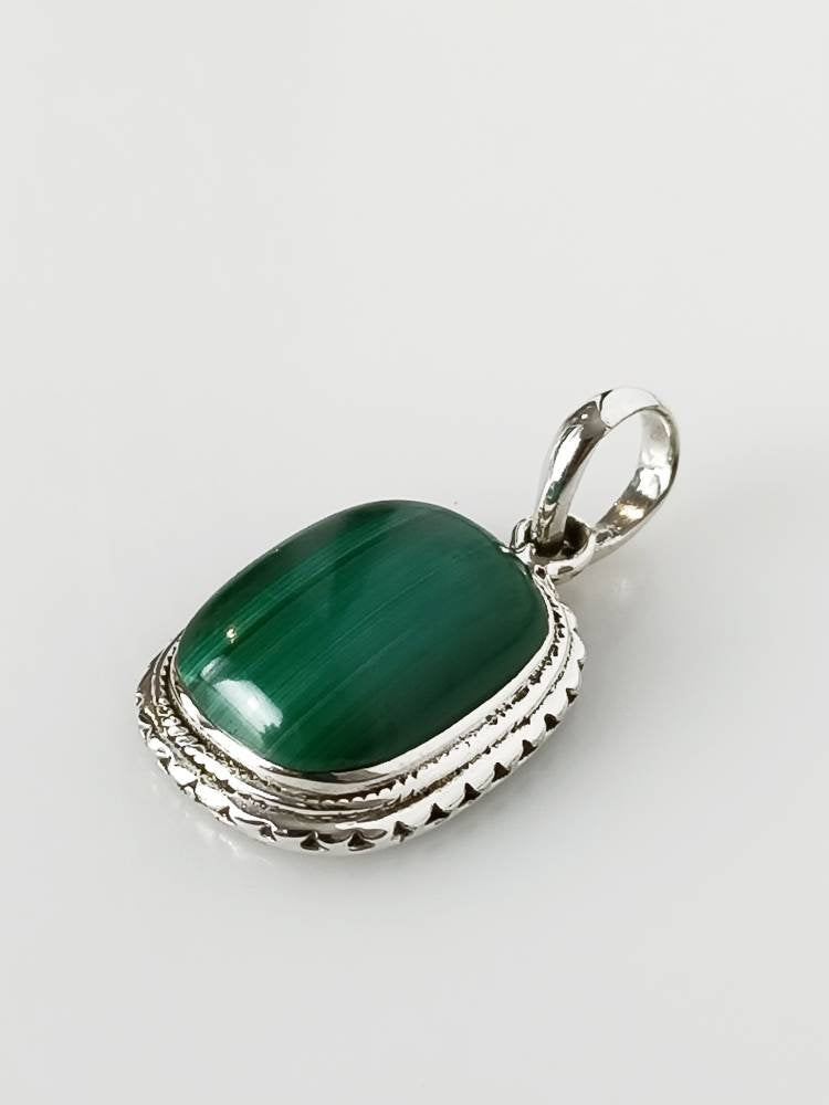 Genuine Green Malachite gemstone solid sterling silver pillow shaped large Bohemian pendant, Taurus Zodiac May Birthstone Gift, Australia, Zorbajewellers