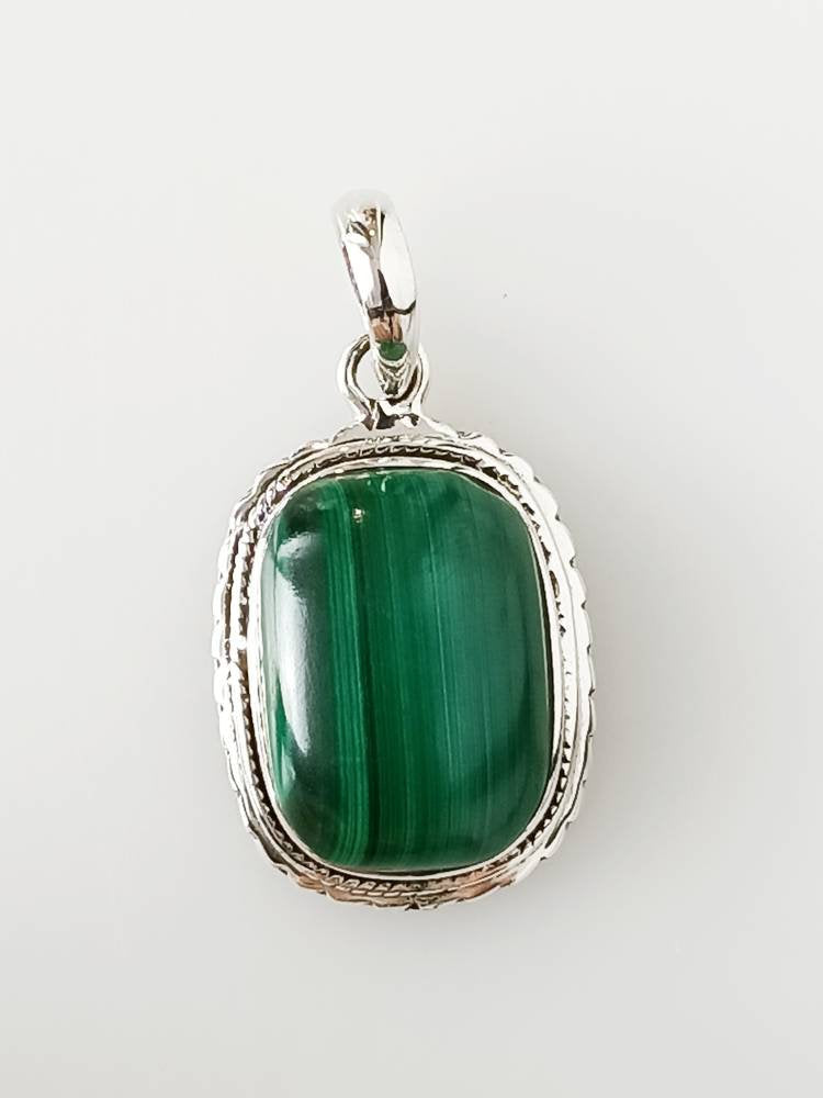 Genuine Green Malachite gemstone solid sterling silver pillow shaped large Bohemian pendant, Taurus Zodiac May Birthstone Gift, Australia, Zorbajewellers