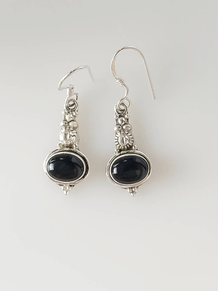 Bohemian textured pillar drop Black ONYX oval gemstones Solid 925 Sterling SILVER earrings, December Birthstone Leo Zodiac Gift, Australia, Zorbajewellers