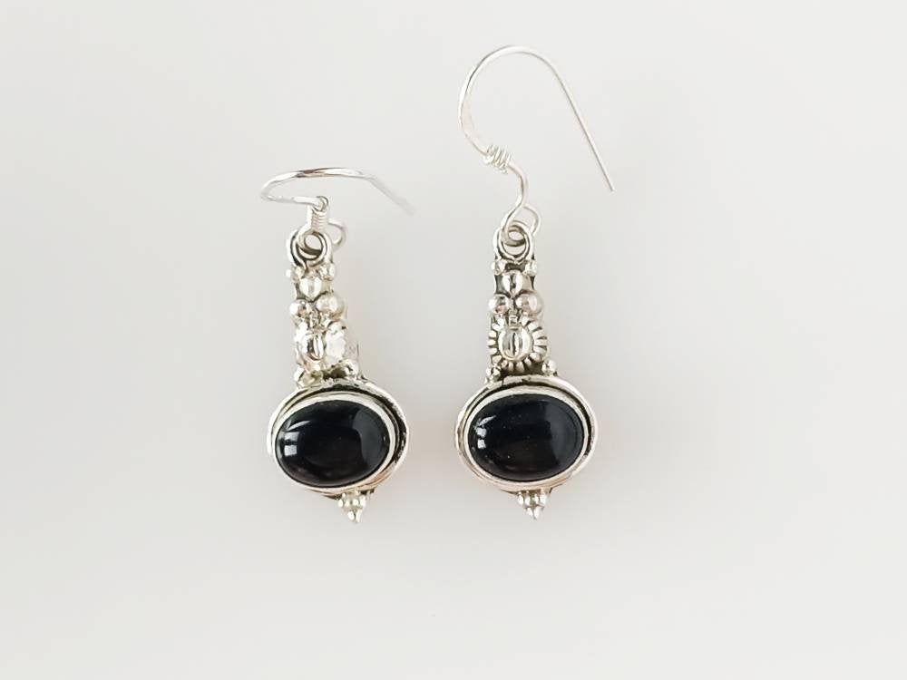 Bohemian textured pillar drop Black ONYX oval gemstones Solid 925 Sterling SILVER earrings, December Birthstone Leo Zodiac Gift, Australia, Zorbajewellers