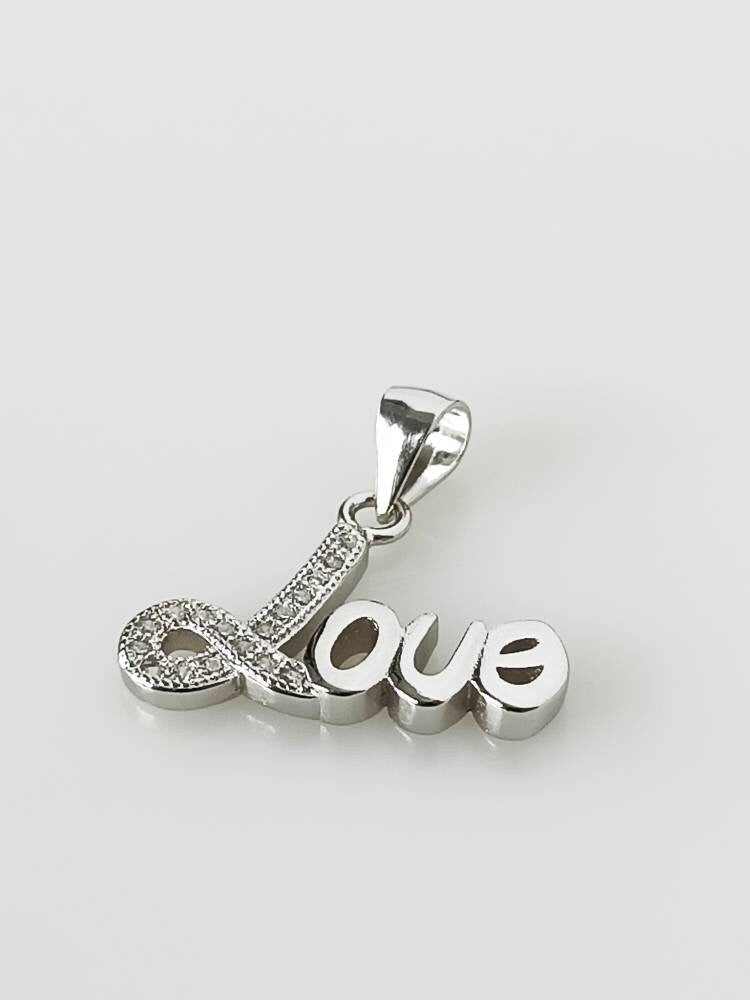 Cubic Zirconia RHODIUM Plated LOVE Solid 925 Silver Pendant, Cz studded Romantic LOVE Sterling Silver Pendant - Rhodium Plated, Australia, Zorbajewellers