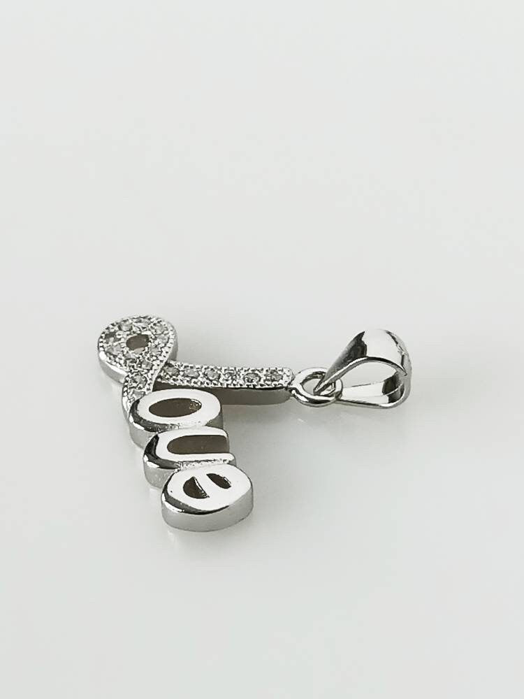 Cubic Zirconia RHODIUM Plated LOVE Solid 925 Silver Pendant, Cz studded Romantic LOVE Sterling Silver Pendant - Rhodium Plated, Australia, Zorbajewellers
