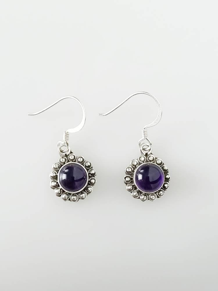 Round AMETHYST in SOLID 925 Oxidized SILVER bohemian beads Earrings, Purple gems, Aquarius Zodiac & February birthstone gift, Australia, Zorbajewellers