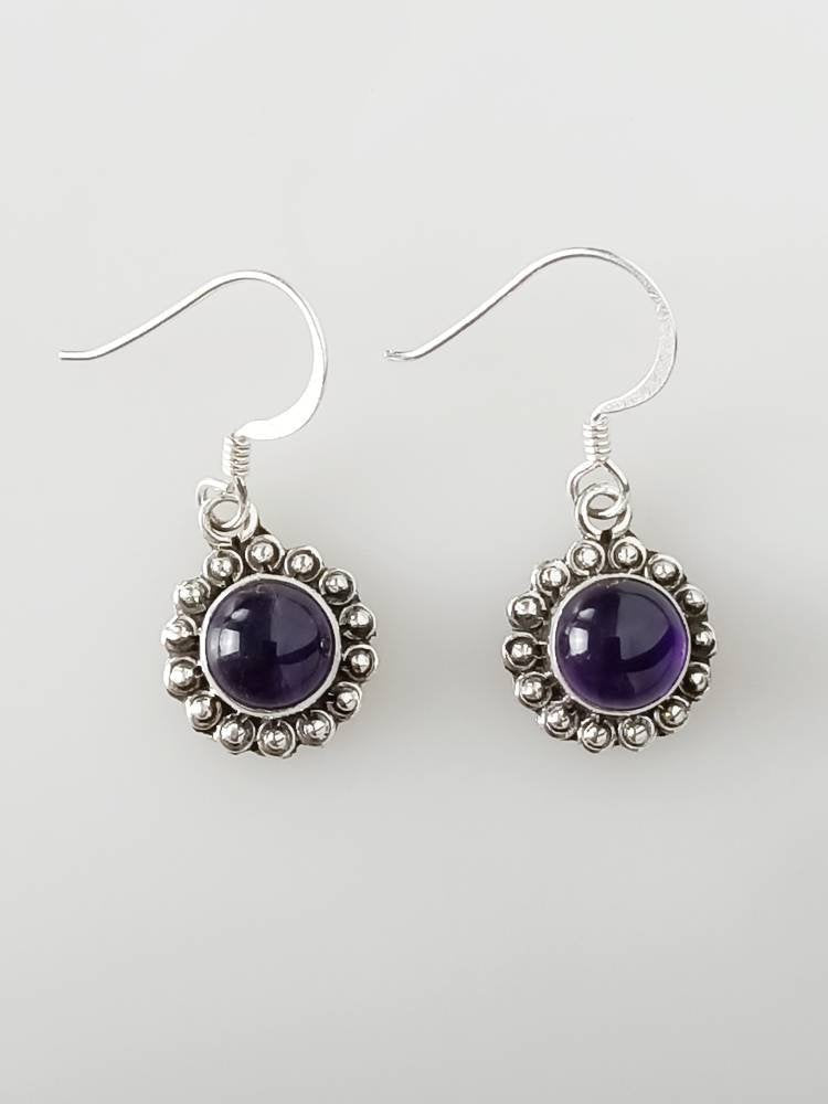 Round AMETHYST in SOLID 925 Oxidized SILVER bohemian beads Earrings, Purple gems, Aquarius Zodiac & February birthstone gift, Australia, Zorbajewellers