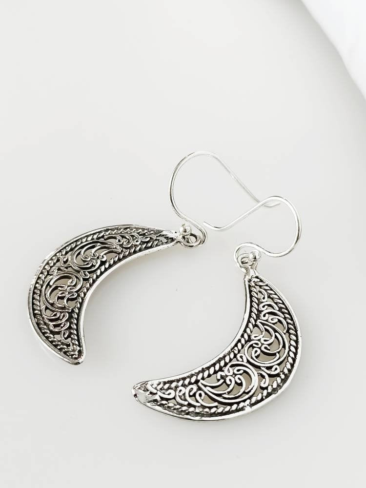 Oxidized Style SOLID 925 Sterling SILVER Moon Shaped FILIGREE Style Earrings, Rustic Moon Shaped Dangle/Drop Silver Earrings Gift, Australia, Zorbajewellers