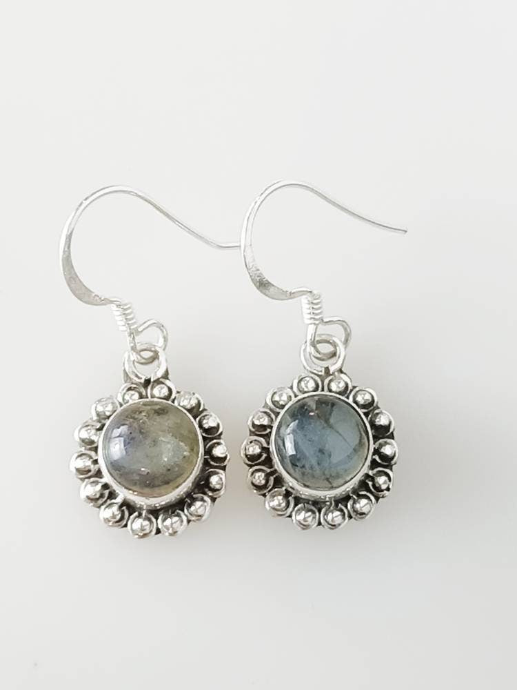 LABRADORITE Gems 925 Oxidized SILVER BEADS earrings, Round Gray Labradorite Gems Silver Earrings, Green Blue Gray Gems Earrings, Australia, Zorbajewellers