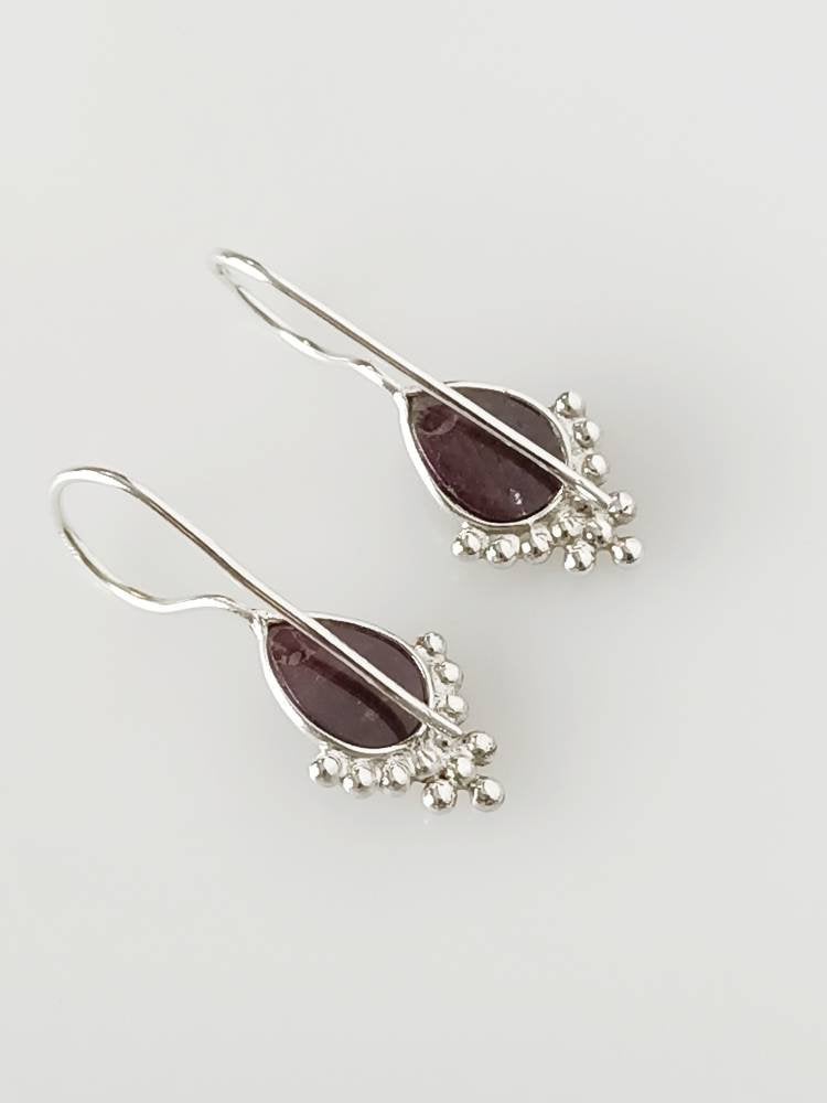 RUBY Gems Solid Sterling Silver Bohemian Teardrop Earrings, Boho Leaf/Pear Shaped Earrings, Cancer Zodiac July birthstone gift, Australia, Zorbajewellers