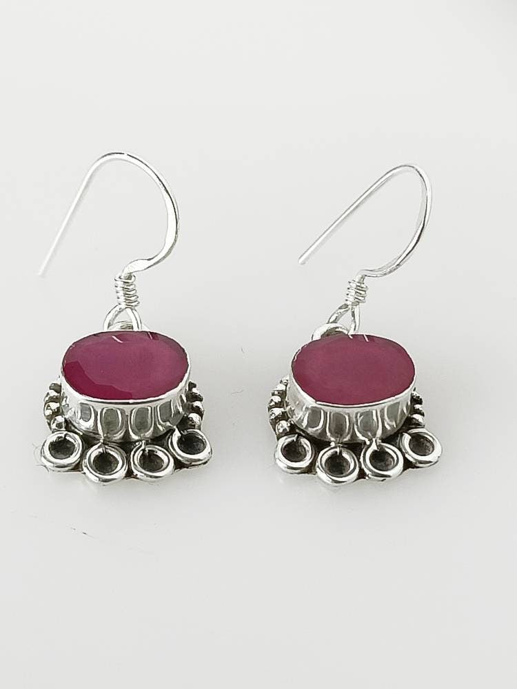 Genuine RUBY 925 OXIDIZED SILVER Oval Cut-stone Earrings, Silver Beads Bohemian Ruby Earrings, Cancer Zodiac July birthstone gift, Australia, Zorbajewellers