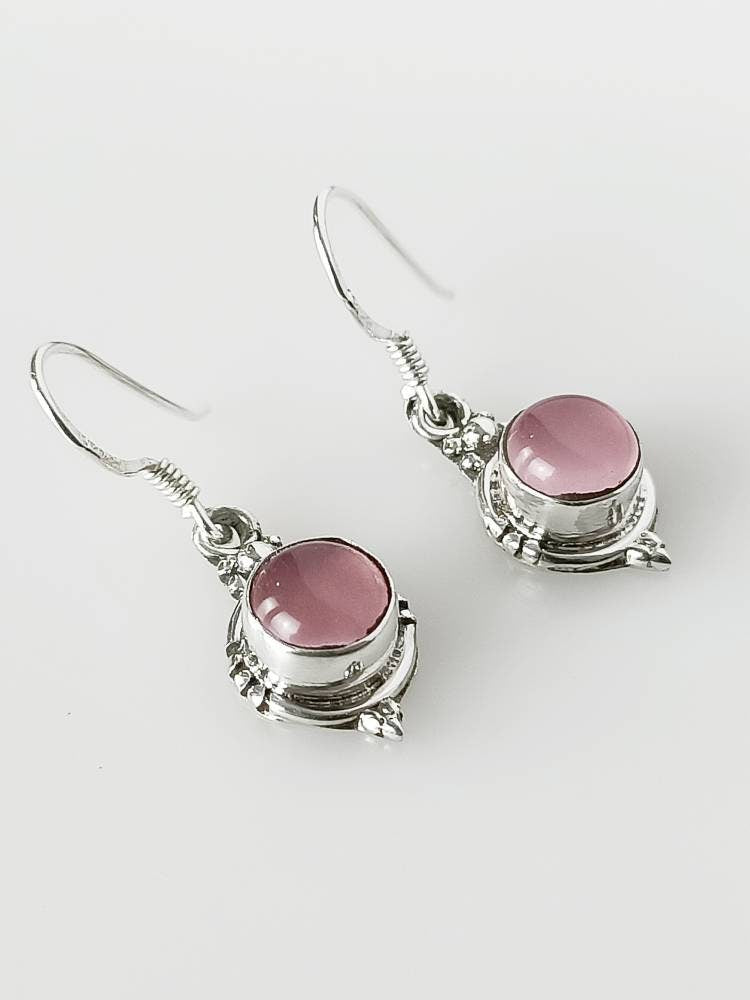 Genuine Pink Rose QUARTZ Gems 925 SILVER Round Shaped Boho Earrings, Pink Gems Bohemian Earring, Taurus Zodiac January birthstone, Australia, Zorbajewellers