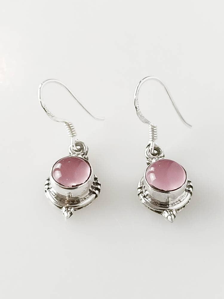 Genuine Pink Rose QUARTZ Gems 925 SILVER Round Shaped Boho Earrings, Pink Gems Bohemian Earring, Taurus Zodiac January birthstone, Australia, Zorbajewellers