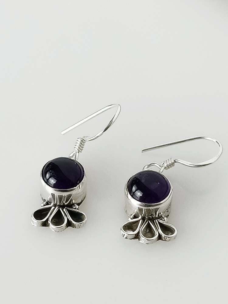 Round AMETHYST Gems SOLID 925 Oxidized SILVER Boho Style Frill Earrings, Purple gems, Aquarius Zodiac & February birthstone gift, Australia, Zorbajewellers