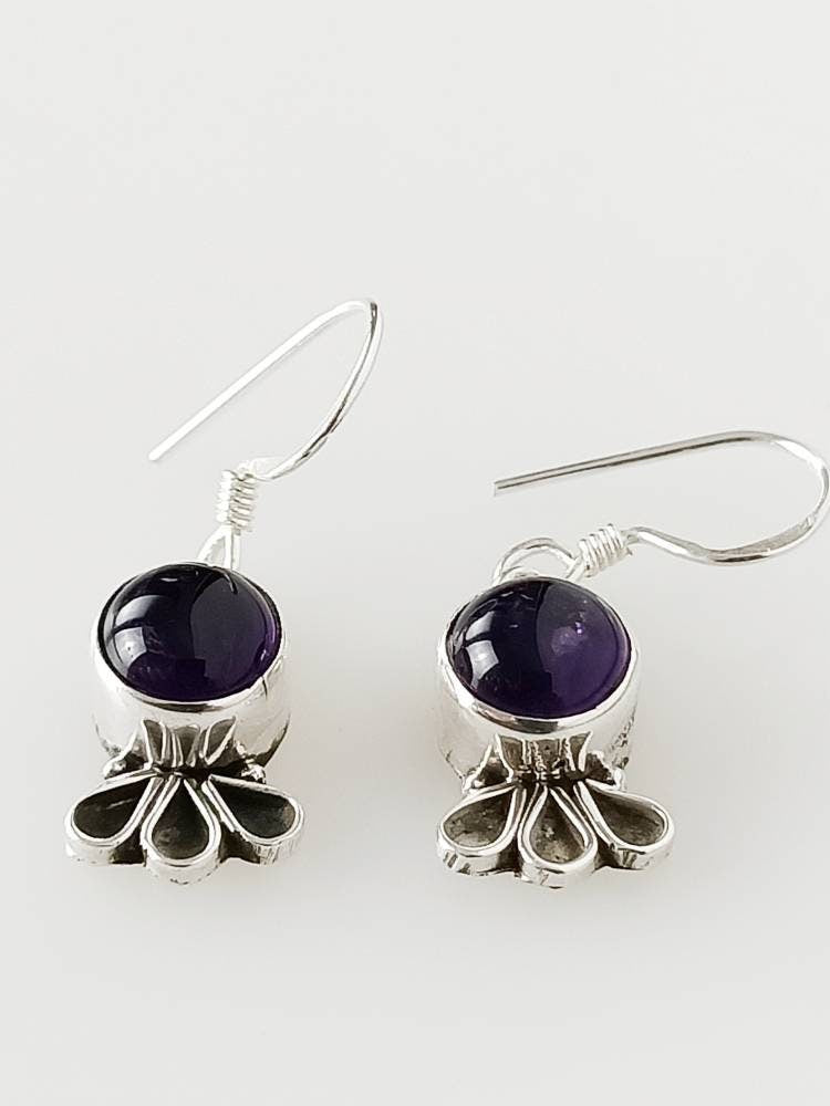 Round AMETHYST Gems SOLID 925 Oxidized SILVER Boho Style Frill Earrings, Purple gems, Aquarius Zodiac & February birthstone gift, Australia, Zorbajewellers