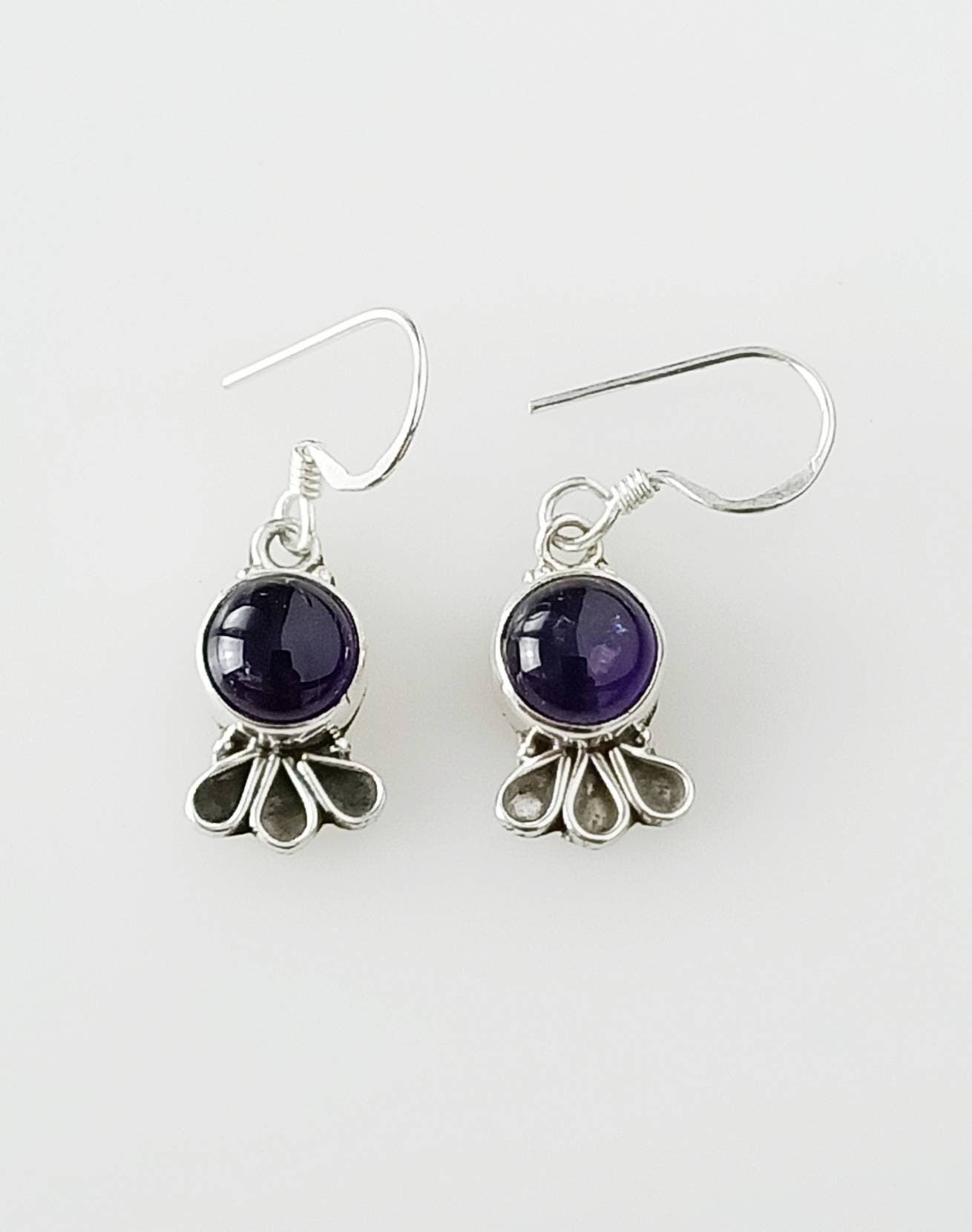 Round AMETHYST Gems SOLID 925 Oxidized SILVER Boho Style Frill Earrings, Purple gems, Aquarius Zodiac & February birthstone gift, Australia, Zorbajewellers