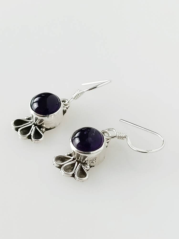 Round AMETHYST Gems SOLID 925 Oxidized SILVER Boho Style Frill Earrings, Purple gems, Aquarius Zodiac & February birthstone gift, Australia, Zorbajewellers