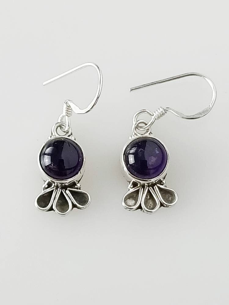 Round AMETHYST Gems SOLID 925 Oxidized SILVER Boho Style Frill Earrings, Purple gems, Aquarius Zodiac & February birthstone gift, Australia, Zorbajewellers