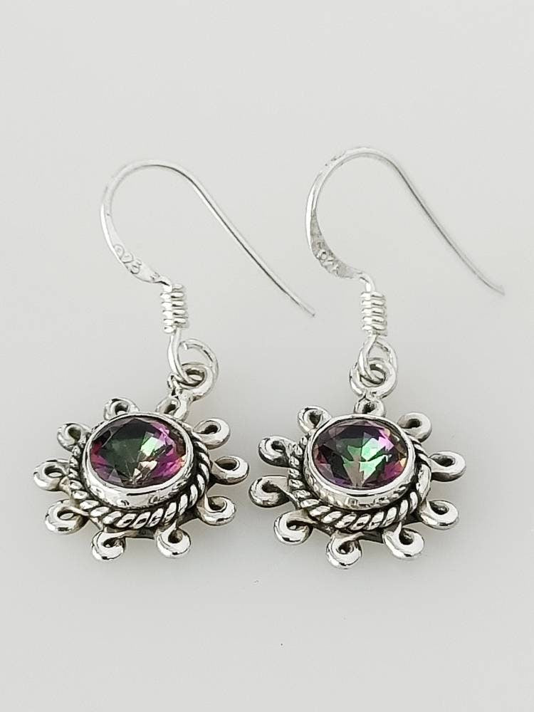 Genuine Mystic Topaz Gemstones 925 Sterling Silver Round Earrings, Rainbow gems earrings, Sun Shape Mystic Topaz Dangle Earrings, Australia, Zorbajewellers