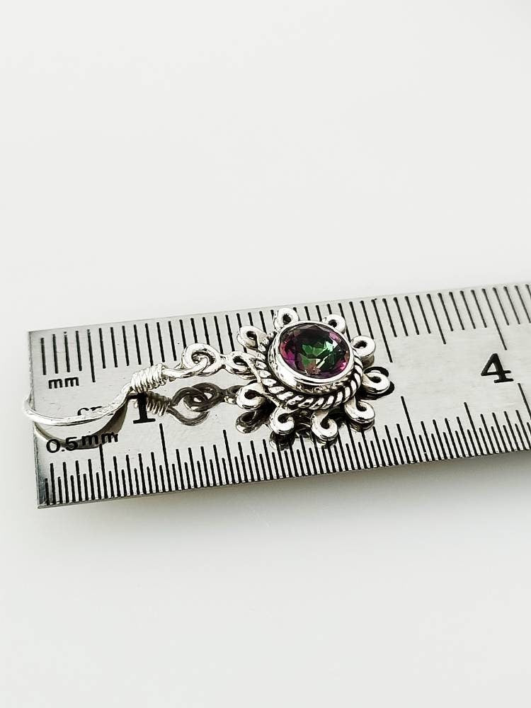 Genuine Mystic Topaz Gemstones 925 Sterling Silver Round Earrings, Rainbow gems earrings, Sun Shape Mystic Topaz Dangle Earrings, Australia, Zorbajewellers