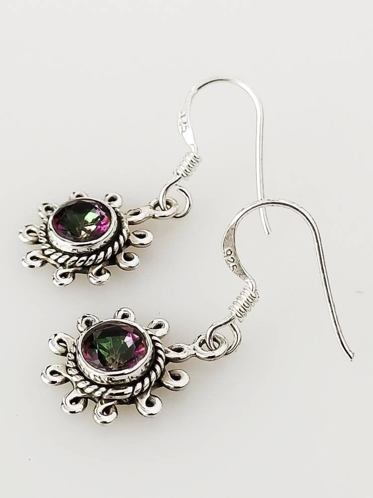 Genuine Mystic Topaz Gemstones 925 Sterling Silver Round Earrings, Rainbow gems earrings, Sun Shape Mystic Topaz Dangle Earrings, Australia, Zorbajewellers