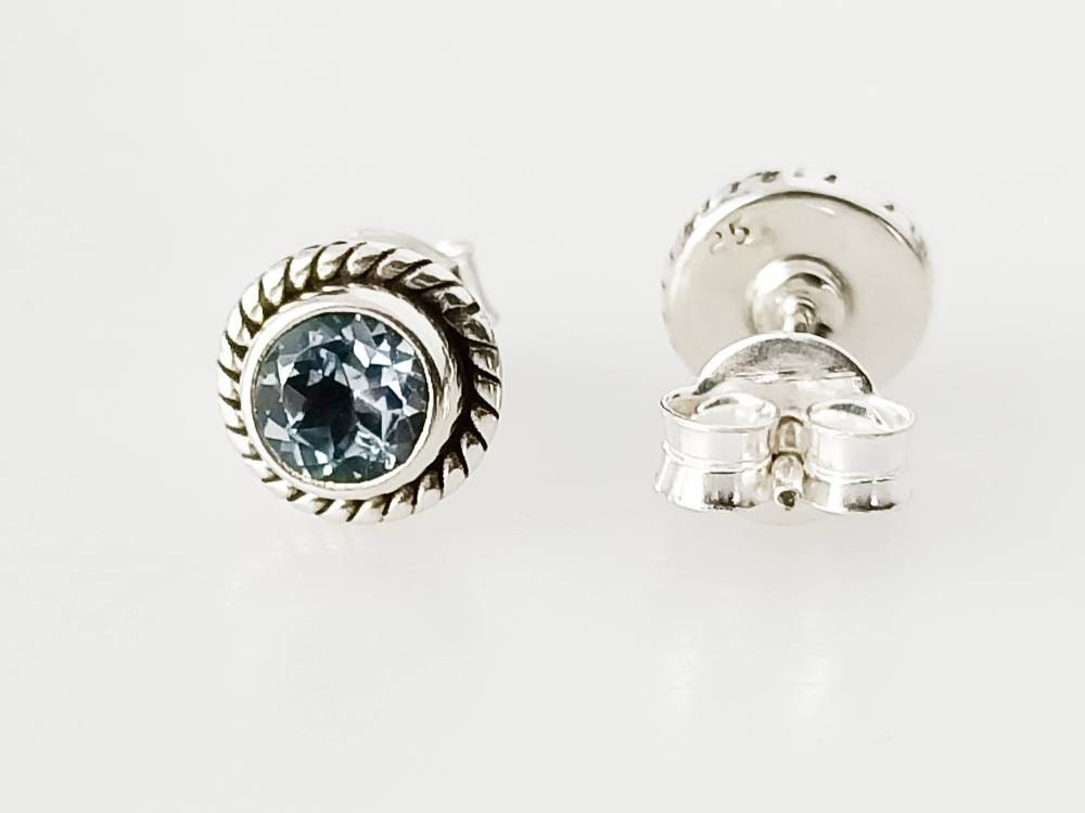 Genuine Blue TOPAZ Cushion Cut Gems 925 Oxidized SILVER Circle Stud Earrings, Sagittarius Zodiac December Birthstone Boho Studs, Australia, Zorbajewellers