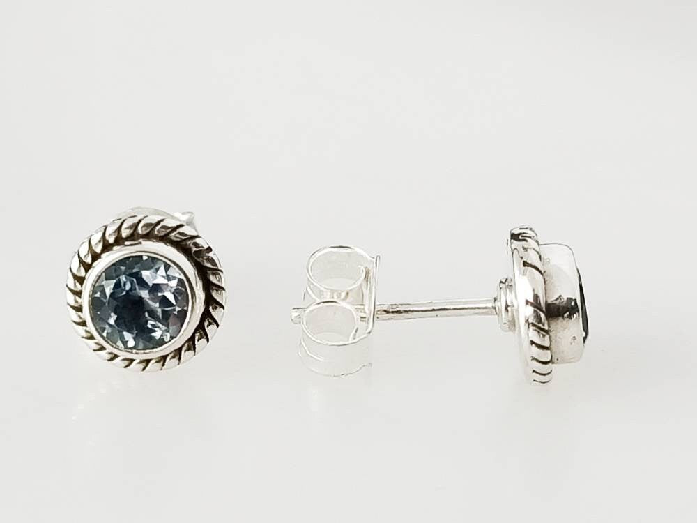 Genuine Blue TOPAZ Cushion Cut Gems 925 Oxidized SILVER Circle Stud Earrings, Sagittarius Zodiac December Birthstone Boho Studs, Australia, Zorbajewellers