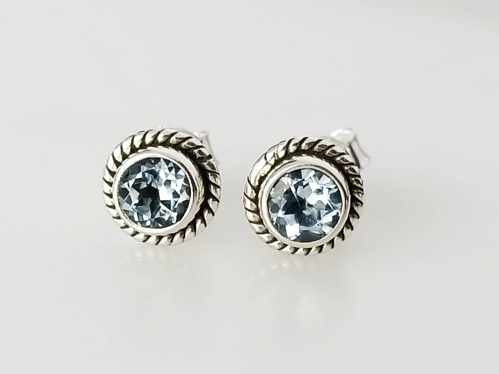 Genuine Blue TOPAZ Cushion Cut Gems 925 Oxidized SILVER Circle Stud Earrings, Sagittarius Zodiac December Birthstone Boho Studs, Australia, Zorbajewellers