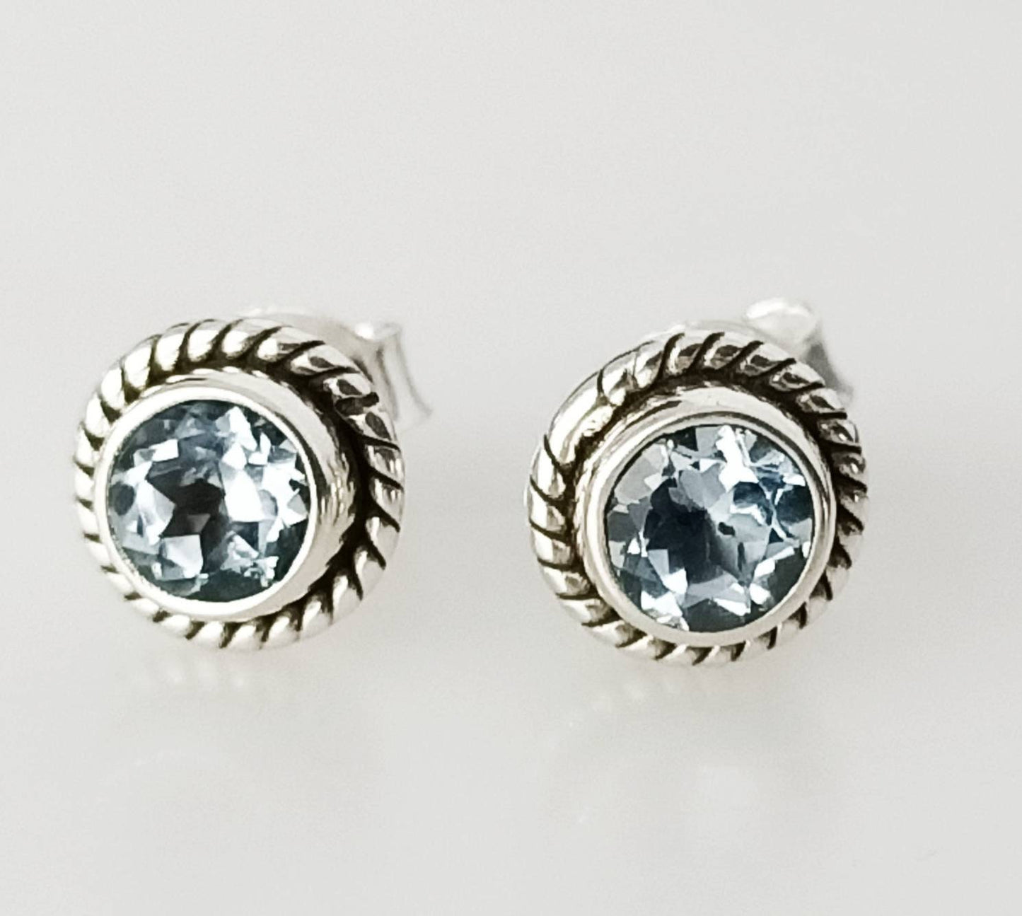 Genuine Blue TOPAZ Cushion Cut Gems 925 Oxidized SILVER Circle Stud Earrings, Sagittarius Zodiac December Birthstone Boho Studs, Australia, Zorbajewellers