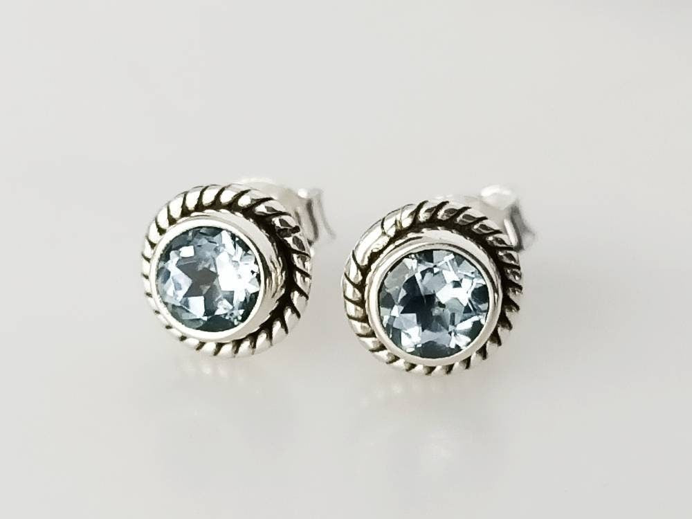 Genuine Blue TOPAZ Cushion Cut Gems 925 Oxidized SILVER Circle Stud Earrings, Sagittarius Zodiac December Birthstone Boho Studs, Australia, Zorbajewellers