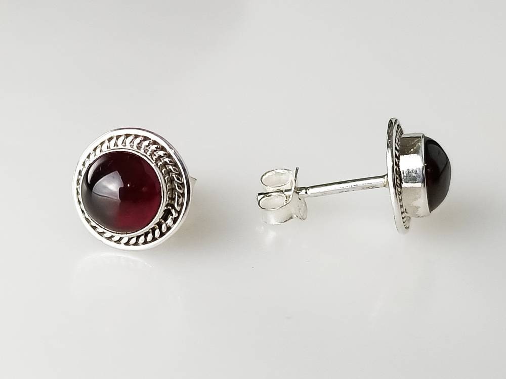 Genuine Red GARNET GEMSTONES 925 Oxidized SILVER Round Stud Earrings, Bohemian Garnet Studs, Capricorn Zodiac January Birthstone, Australia, Zorbajewellers